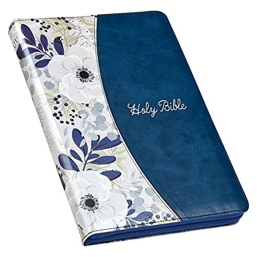 KJV Holy Bible, Thinline Large Print Faux Leather Red Letter Edition - Thumb Index Ribbon Marker, King James Version, Blue Printed Floral, Zipper Closure