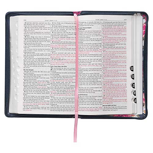 KJV Holy Bible Standard Size Faux Leather Red Letter Edition - Thumb Index & Ribbon Marker, King James Version, Blue Floral, Zipper Closure